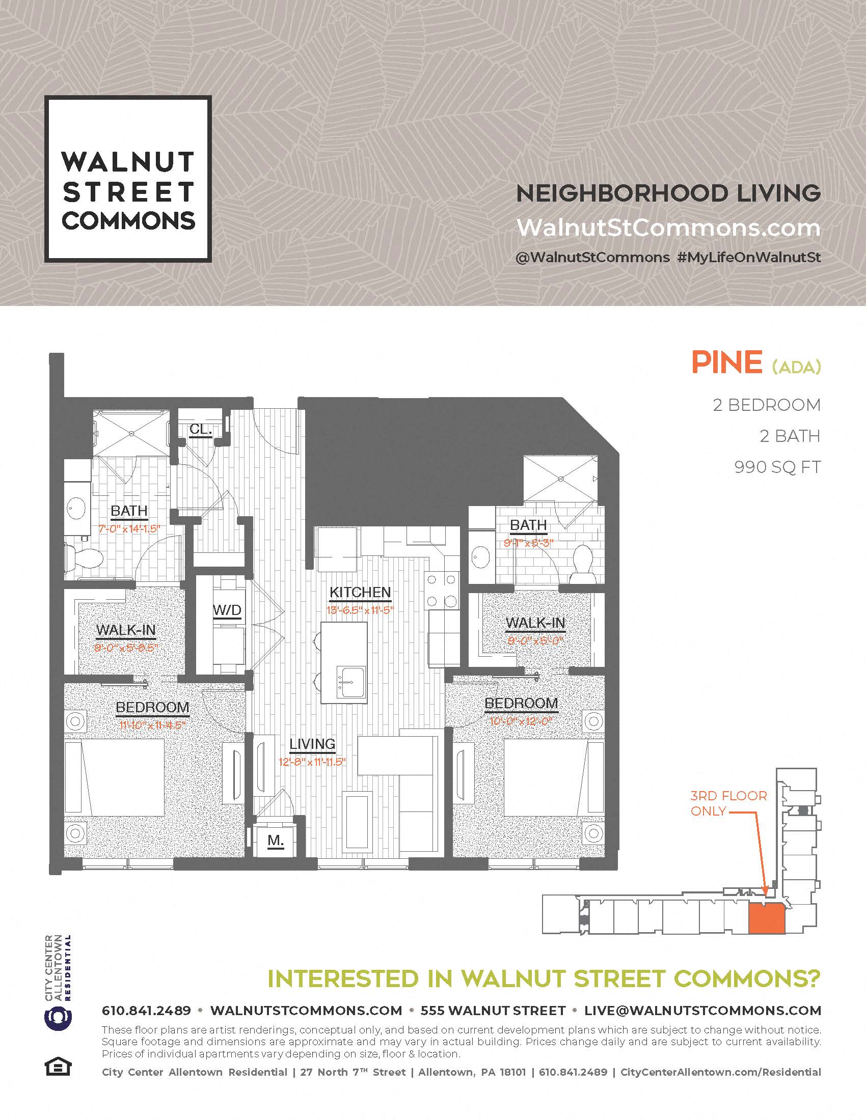 Floor plan for 2 beds, 2 baths, 990 sqft